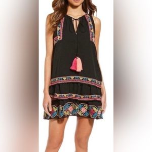 Gianni Bini Sol Ember Tiered Embroidered Sleeveless Mini Dress Big Tassels Ties